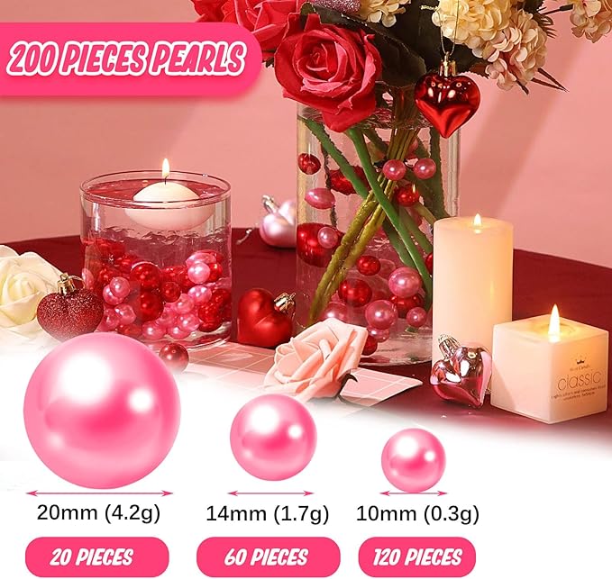 200 PCS Hot Pink Vase Fillers, Pearls Bead for Centerpieces Vases, 10/14/20 MM No Hole Beads, Fake Pearls for Wedding Birthday Anniversary Theme Party Table Centerpieces Decor