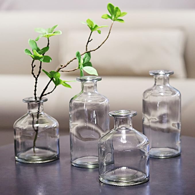 WDHODEC Glass Bud Vases Set of 4, Small Clear Vases for Flowers, Mini Glass Vase Assorted for Rustic Wedding, Floral Arrangements, Home Table Decorations