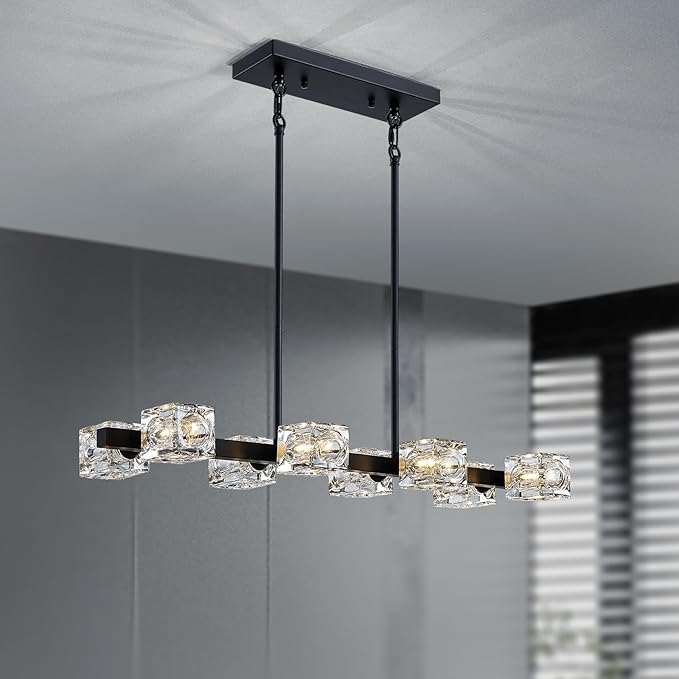 XINGQI Modern Chandeliers for Dining Room Over Table, 8-Light Rectangular Kitchen Island Light Fixture, Linear Farmhouse Metal Glass Black Vintage Hanging Lamp for Living Room Bar
