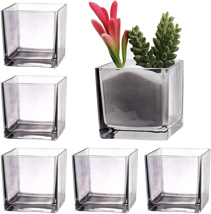 Square Vases Set of 6, 3"x 3"x 3" Glass Vases for Flowers, Square Flower Vase for Centerpieces, Small Grey Vase for Wedding, Party, Home Office Decoration