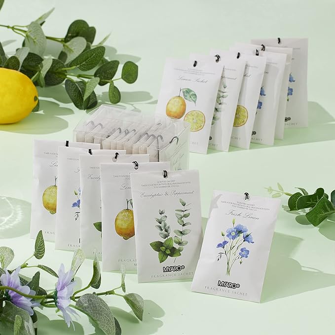 MYARO 12 Packs Scented Sachets for Drawer and Closet, Long-Lasting Closet Deodorizer Freshener, Potpourri Bags Room Scents Smell Goods for House 3 Scents - Fresh Linen, Eucalyptus Peppermint, Lemon
