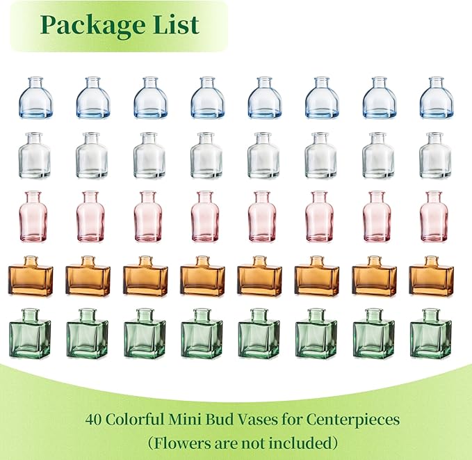 Small Glass Bud Vases for Centerpieces - Hewory 40pcs Colored Sturdy Cute Flower Vases Bulk, Mini Bottle Vase for Wedding Home Decor Birthday Party Events Mother's Day Bridal Shower Gifts Table Decor