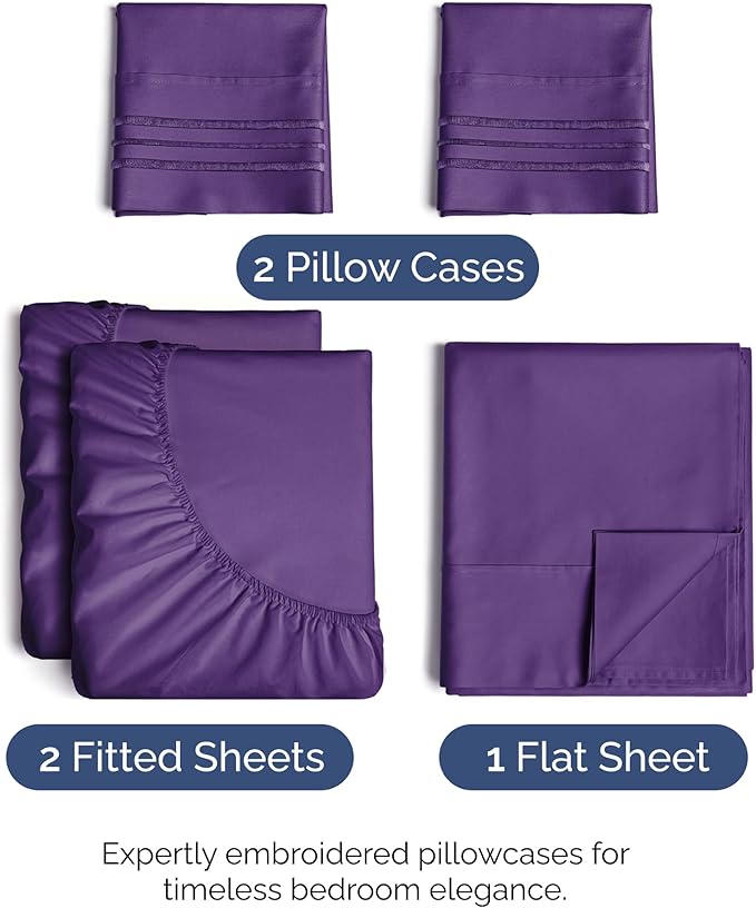 Split King Size 5 Piece Sheet Set - Comfy Breathable & Cooling Bed Sheets Set - Hotel Luxury Bedding for Women, Men, Kids, Teens, Boys & Girls - Deep Pockets, Soft, Wrinkle Free - Oeko-Tex - Purple
