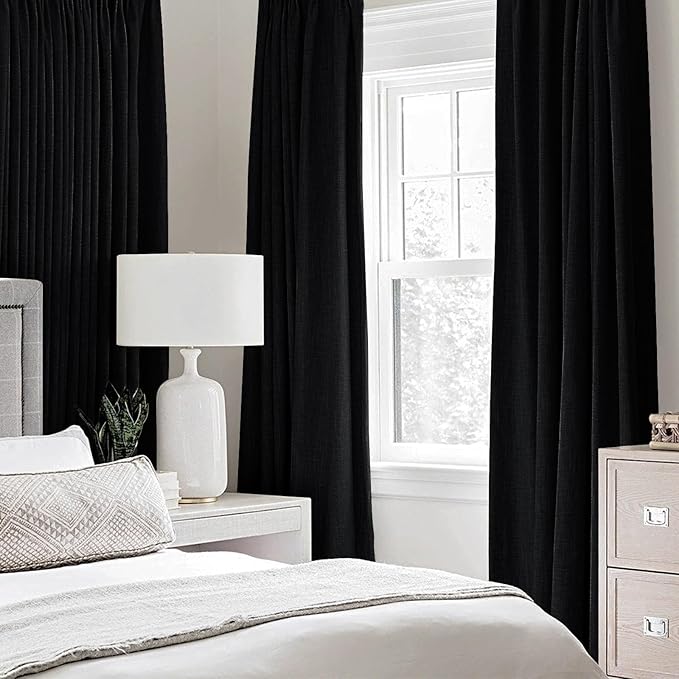 MIULEE Linen Texture Curtains for Bedroom Solid 100% Blackout Thermal Insulated Halloween Black Curtains Grommet Room Darkening Curtains/Draperies for Living Room Nursery 52x72 Inch (2 Panels)