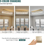 Siljoy Modern Crystal Chandelier 6-Lights Rectangle Flush Mount Pendant Ceiling Light Fixture Luxury Gold Rectangular K9 Crystal Raindrop Chandelier for Dining Living Room Kitchen Island Bar L31.5''