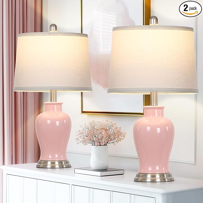 23" Pink Ceramic Table Lamps for Living Room, Modern Ceramic Lamps with Ginger Jar Design, Cute Bedside Lamp Set of 2, Elegant Bedroom Lamp for Nightstand Dining Room Side End Table Homedecor