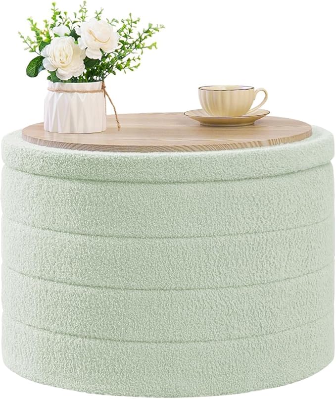 B FSOBEIIALEO Ottoman with Stroage, Round Sherpa Storage Ottoman Stool, Boucle Foot Rest22 x 22"x15.75"（Green