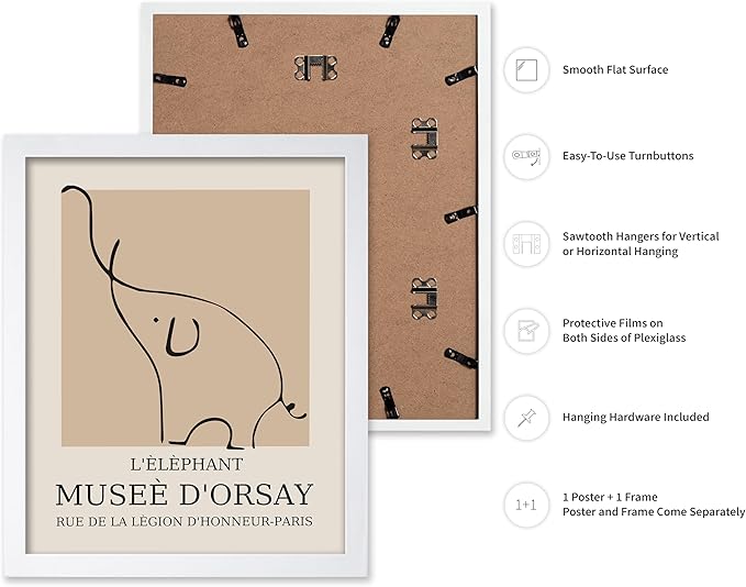 Poster Master Vintage Poster - Retro Minimalist Print - Gift for Artist, Housewarming - Elephant, Line Drawing, Sketch, Abstract - Wall Decor for Living Room, Bedroom, 16x20 White Framed