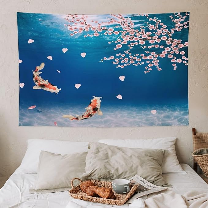 Japanese Koi Fish Tapestry, Cherry Blossoms Asian Oriental Blue Floral Branch Koi Fish Carp Tapestries Wall Hanging for Bedroom Living Room Office Decor 60"x40"