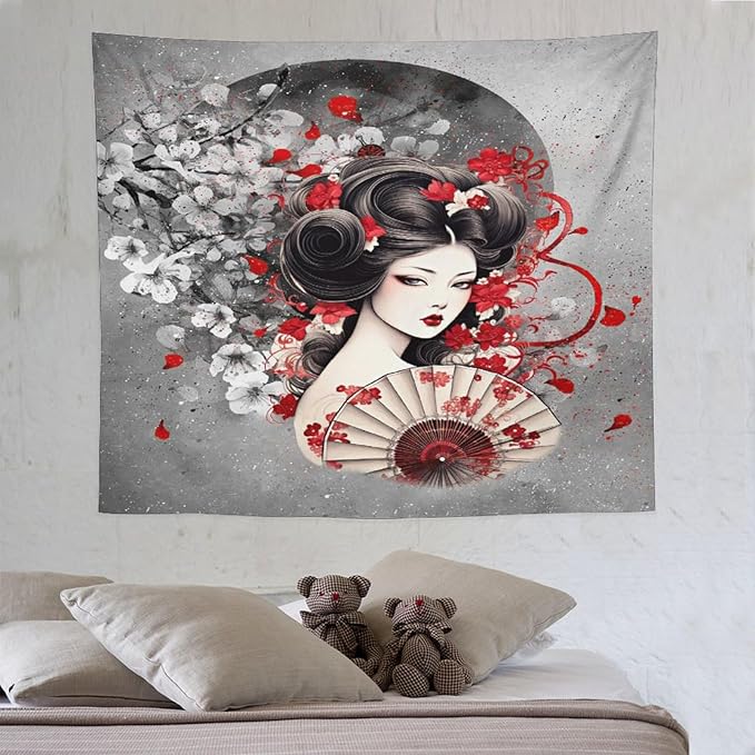 Japanese Geisha Tapestry Asian Red Cherry Blossom Red Sun Traditional Kimono Folk Tapestries Home Decor for Living Room Bedroom Apartment Farmhouse Dorm 60"x50"