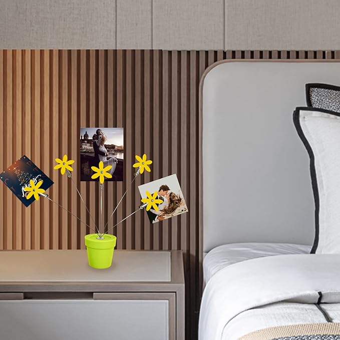 Cute Flower Table Card Memo Holder Stand,1 Pcs Photo Clips Holder Desk Stand for Memo Paper Note Monmory Photo Christmas Wedding Display with Flowerpot Shaped Plastic Base (Yellow)