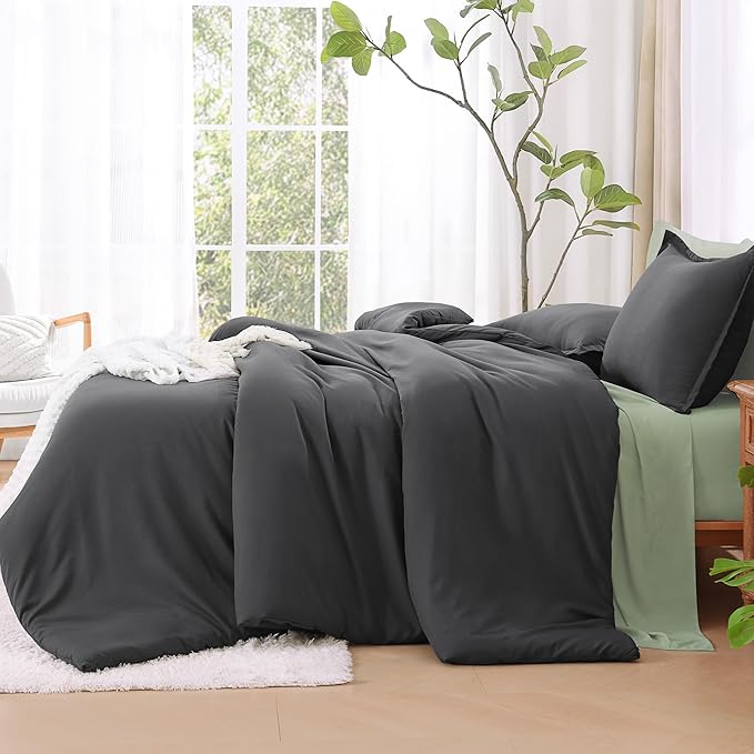 Litanika Oversized King Comforters Dark Grey Super King Size, 3 Pieces Lightweight Solid Bedding Comforter Set, All Season Fluffy Bed Set (120x120In Comforter & 2 Pillowcases)