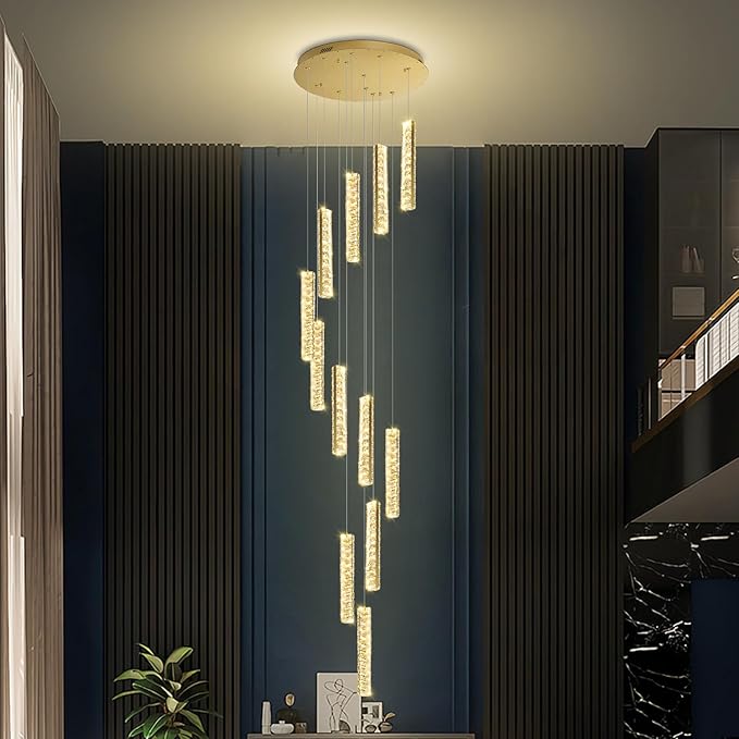 Long Spiral Crystal Chandelier Lighting for Foyer 12-Light Gold Staircase Chandelier High Ceiling Slopped LED Dimmable 2700K-6000K