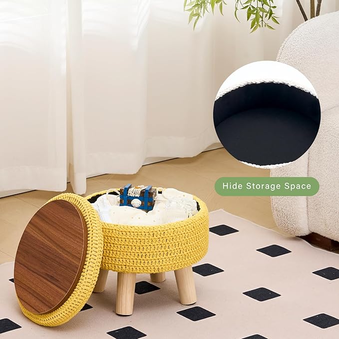 Wimarsbon Pouf Ottoman, 100% Cotton Knitted Boho Footstool, Round Footrest with Non-Skid Wood Legs, Home Décor Handmade Pouffe, Leisure Floor Step Stool for Living Room (Storage Yellow)