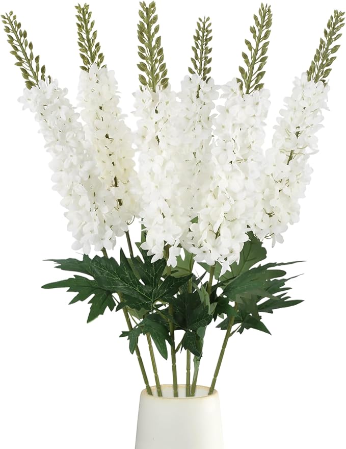 White Delphinium Artificial Flowers,6PCS Larkspur Silk Fake Flowers 29.5" Long Stem Faux Hyacinth Flowers for Tall Vase Wedding Home Garden Decor (White)