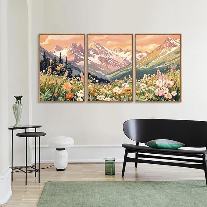 SIGNINART Vintage Floral Framed Canvas Wall Art Set, Large Mountains Nature Landscape Wall Decor, Bohemian Wildflower Forest Artwork, Pink Ridge Art Printing for Living Room Bedroom Office 16"x24"x3
