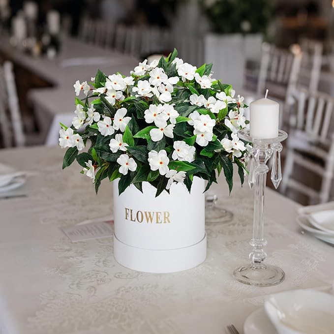 Artificial Impatiens Bouquet Flowers for Outdoors Silk Faux Flowers for Outdoor Impatiens Plants Decor Indoor Planters Kitchen Planters and Balcony Decorations 4PCS (White)
