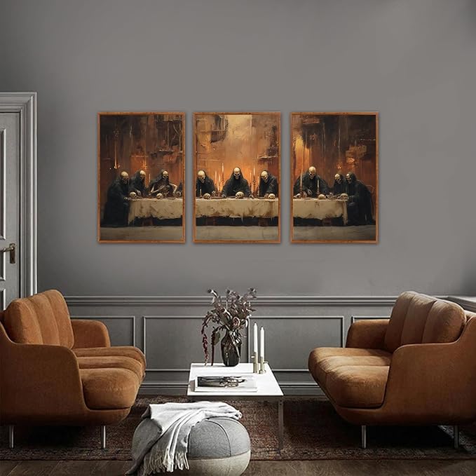 KAIRNE Framed Skeleton Canvas Wall Art,Abstract Retro Skull Pictures Set of 3(16”X24”),Scary Halloween Prints,Horror Wall Art,Skeleton Last Supper Posters for Living Room Bedroom Ding Room Decoration