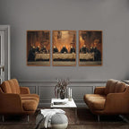 KAIRNE Framed Skeleton Canvas Wall Art,Abstract Retro Skull Pictures Set of 3(16”X24”),Scary Halloween Prints,Horror Wall Art,Skeleton Last Supper Posters for Living Room Bedroom Ding Room Decoration