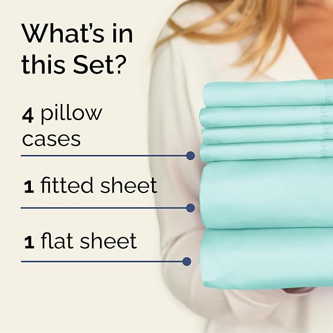 Queen Sheets Set 6 Piece - Includes 4 Pillowcases - Bed Sheets Queen Size - Soft Hotel Luxury Bedding - Cooling, Comfy, Cozy & Breathable - 1 Flat, 1 Fitted & 4 Pillowcases w/ Deep Pockets - Spa Blue