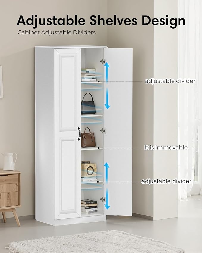 Storage Cabinet/Pantry cabinets, Soft White Finish, 71" Tall Wood Cupboard with 2 Door and 3 Adjustable Shelves for Kitchen, Dining Room, Living Room, Bathroom (Style 1)