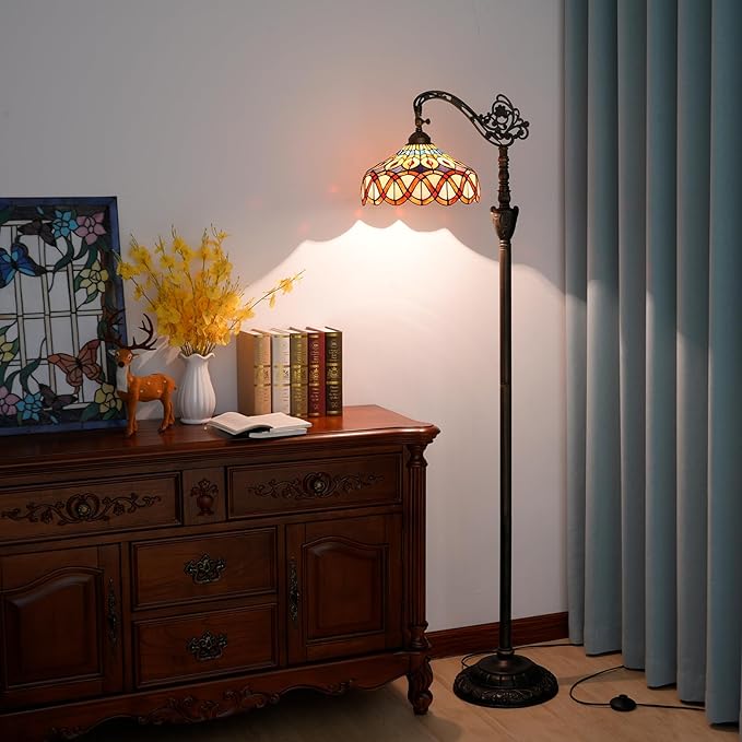 Tiffany Floor Lamp Yellow Peacock Tail Stained Glass Floor Light Adjustable Angle Tall Standing Lamp 63 inches for Home Living Room Bedroom