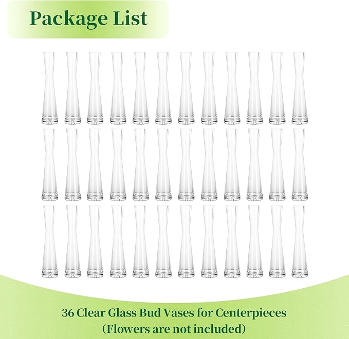 Hewory Glass Bud Vases for Centerpieces Set of 36, Handmade Modern Clear Small Skinny Decorative Single Flower Vase, Minimalist Slim Floral Vase for Home Wedding Party Events Table Decor, 9.64"