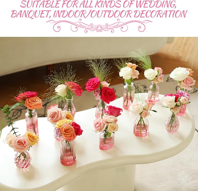 Pink Vase, Glass Bud Vases Set of 12, Small Pink Glass Vases for Flowers Colored Ribbed Flower Vase for Decor Bud Vase in Bulk Vintage Decor Bridal Shower Wedding Centerpieces Home Table Decoration