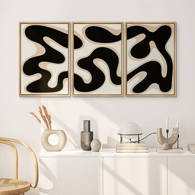 SIGNWIN Framed Canvas Print Wall Art Modern Abstract Organic Shapes Black and Beige Fluid Pattern Photography Modern Art Minimalist for Living Room, Bedroom, Office - 16"x24"x3 Natural