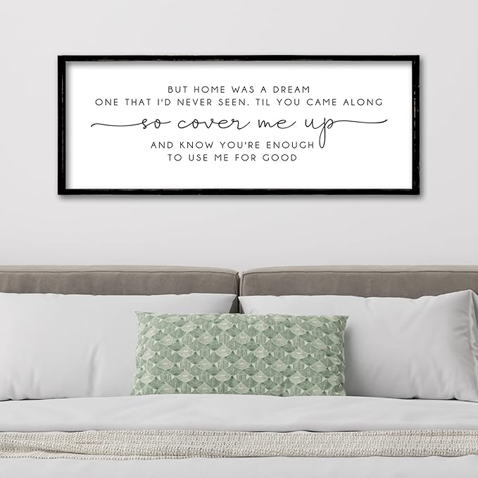 ZZJJHYWGQ Romantic Quote Wall Art So Cover Me Up Sign 32"×12" Inspirational Home Was A Dream Decor Rustic Large Wood Framed Print for Bedroom Living Room Couples Motivational Wall Hanging (Black)