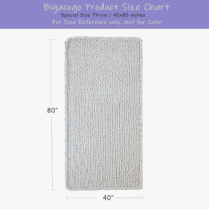 Bigacogo Chunky Knit Throw Blanket for Couch, 40x80 inches, 100% Hand Knitted with Thick Jumbo Chenille Yarn, Cozy Soft Large Rope Knot Cable Crochet Blankets for Sofa Bed Living Room, Ivory