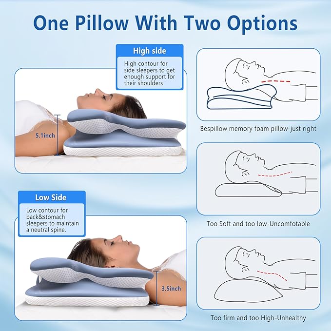 Cervical Neck Pillow for Pain Relief, Contour Memory Foam Pillow with Ice Silk Pillowcase, Neck Support Pillows, Ergonomic Orthopedic Pillow for Back, Side, Stomach Sleepers (Blue)