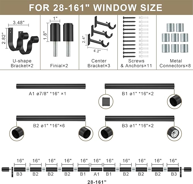 Curtain Rods for 28-161” Windows, Splicing Construction, 1” Adjustable Drapery Rod with Aluminum Alloy Brackets and Finials for Window, Sliding Door, Patio, Living Room Decoration, Matte Black