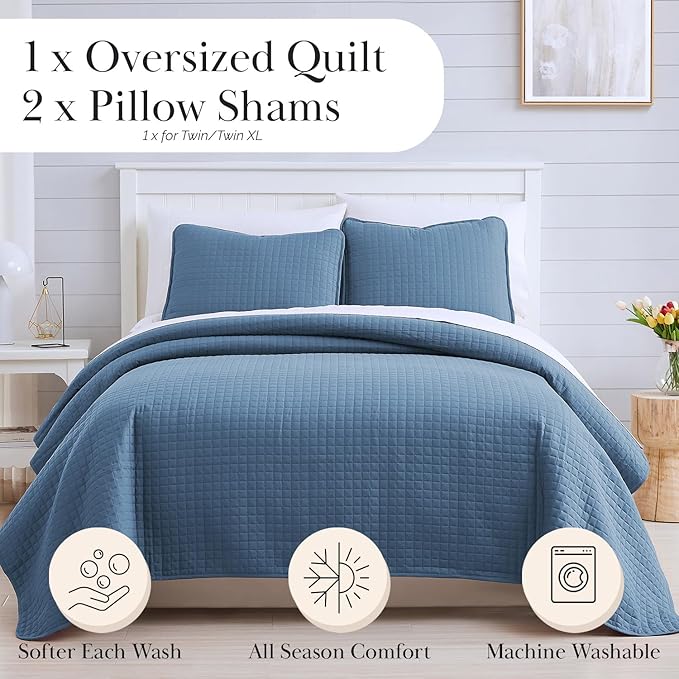 Southshore Fine Living, Inc. Queen Quilt Bedding Set, Summer Comforter Queen Size, Pet Hair Resistant Bedding, Lightweight Bedspread, Full Size Coverlet with 2 Pillow Shams, Coronet Blue
