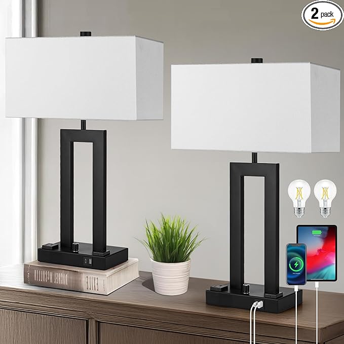 Modern Table Lamps Set of 2-22" Tall Bedside Lamps with USB-C/USB-A Charge Ports & Outlet, Stepless Dimmable Fabric White Shade Nightstand Lamps for Bedroom & Living Room