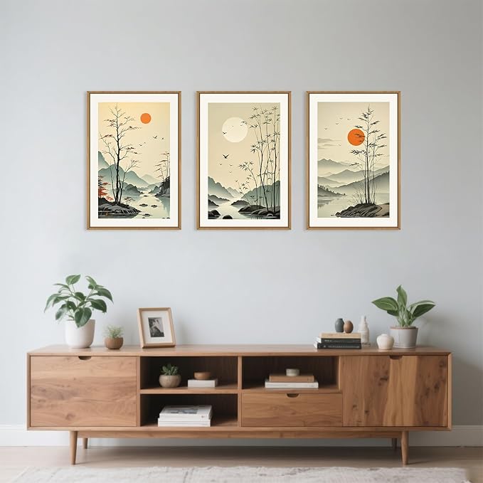 Celestdeco Chinoiserie Bamboo Forest Framed Canvas Wall Art Set, Nature Tree Lakes Wall Decor, Minimalist Zen Landscape Wall Painting, Watercolor Art Prints for Living Room, Bedroom, Office 24"X36"X3