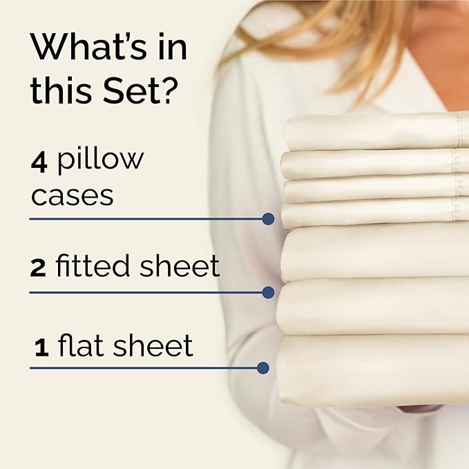 Split King Sheets Set 7 Piece - Includes 4 Pillowcases - Bed Sheets Split King - Soft Hotel Luxury Bedding - Cooling, Cozy & Breathable - 1 Flat & 2 Fitted & 4 Pillowcases w/ Deep Pockets - Off White