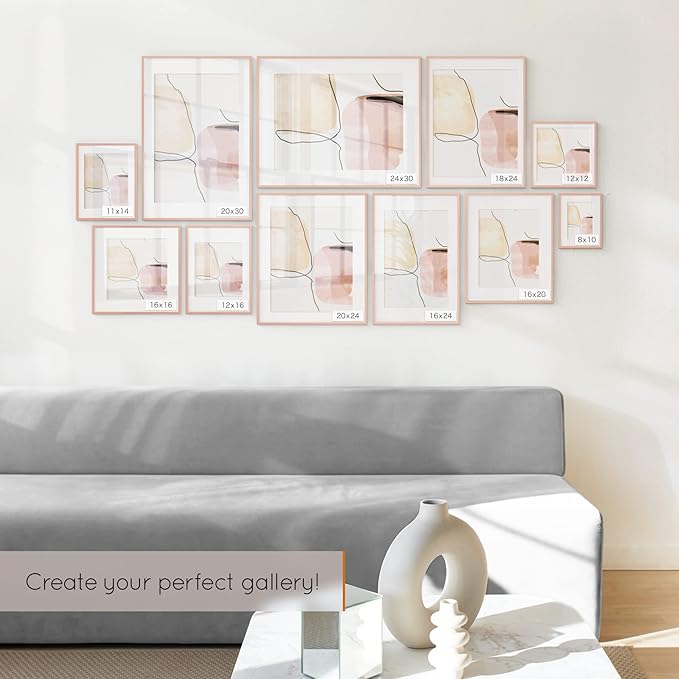 Homeforia Rose Gold 8x10 Picture Frame, High End Metal 8 x 10 Poster Frames with Mat 5 by 7 Print, 10x8 Thin Frame Matted to 7x5 Photo, 8by10 Wall or Tabletop Frame, Tempered Glass, Wall Kit, Set of 1