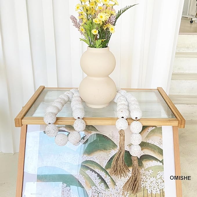 OMISHE 76" Long Extra Large Wood Bead Garland with 1.6" Diameter Wooden Beads and Tassels, Rustic Farmhouse Country Decorative Beads for Home Tiered Tray Decor, Rustic White