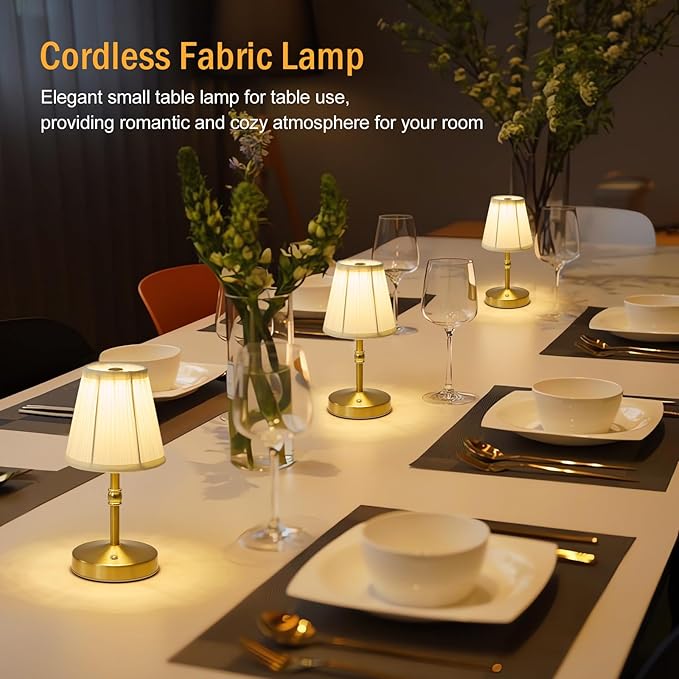 Cordless Mini Lamps Gold,3000 mah Battery Operated Lamp,3 Color Temperature Dimmable Table Lamp,Small Rechargeable Table Lamp Fabric,Aesthetic Small Kitchen Lamp for Counter,Dinner (Gold,2 Pack)