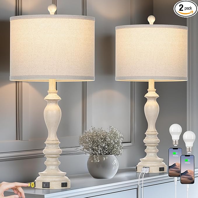 28" Table Lamps with USB C+A Ports & AC Outlets, Farmhouse Rustic Table Lamps Set of 2, Vintage End Table Nightstand Resin Bedside Lamp for Living Room Bedroom, Fabric Linen Shade Washed Antique Beige