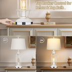 28" Vintage Table Lamps with USB C+A Ports & Outlet, Industrial Farmhouse Table Lamp for Living Room, Rustic Mid Century Modern Bedside Lamps with Nightlight & Beige Fabric Lampshade, Oil-Rubbed White