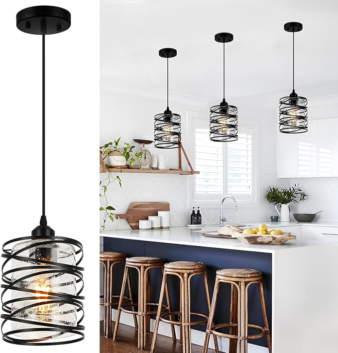 Black Pendant Lights for Kitchen Island, Industrial Farmhouse Pendant Light Fixtures with Seeded Glass Shade, Adjustable Spiral Iron Pendant Lighting for Foyer Hallway Dining Room Kitchen