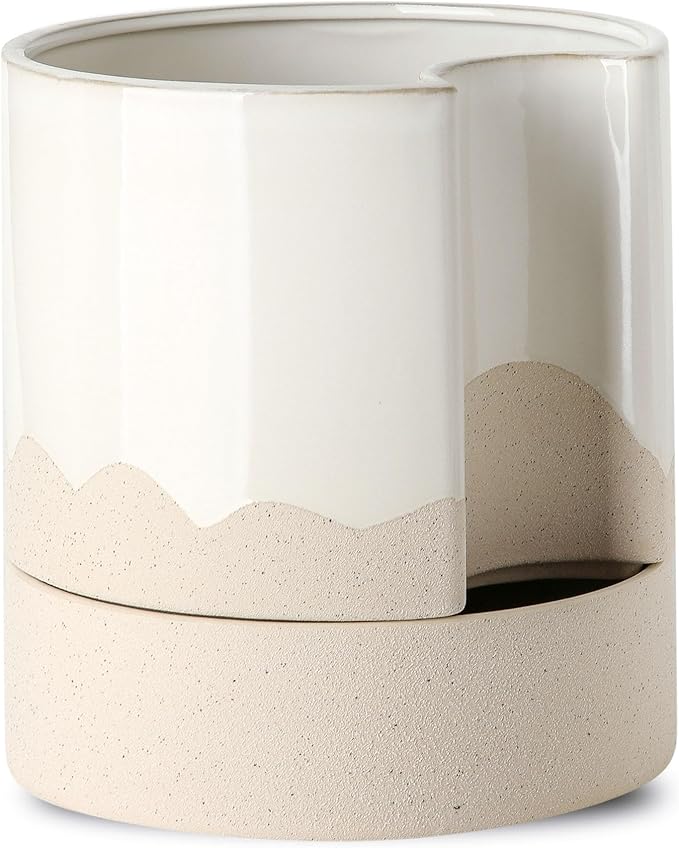 Nihow Self Watering Plant Pot: 8 Inch Ceramic Planter with Drainage Hole & Water Storage Plus for Indoor & Outdoor Plants - Cylinder Round Flower Pot for Succulent/Herbs/Violets - White & Wave Nature