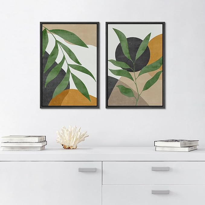 SIGNFORD Framed Canvas Print Wall Art Set Geometric Mid-Century Plant Collage Abstract Shapes Illustration Modern Art Decorative Nordic Nature for Living Room, Bedroom, Office - 16"x24"x2 Black