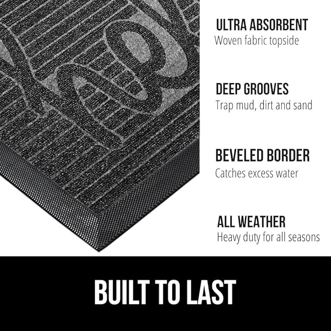 GORILLA GRIP 100% Waterproof All-Season WeatherMax Doormat, 47x35, US Designed Natural Rubber, Stain and Fade Resistant, Low Profile Indoor Outdoor Door Mats, Easy Clean Patio Mat, Charcoal Hello