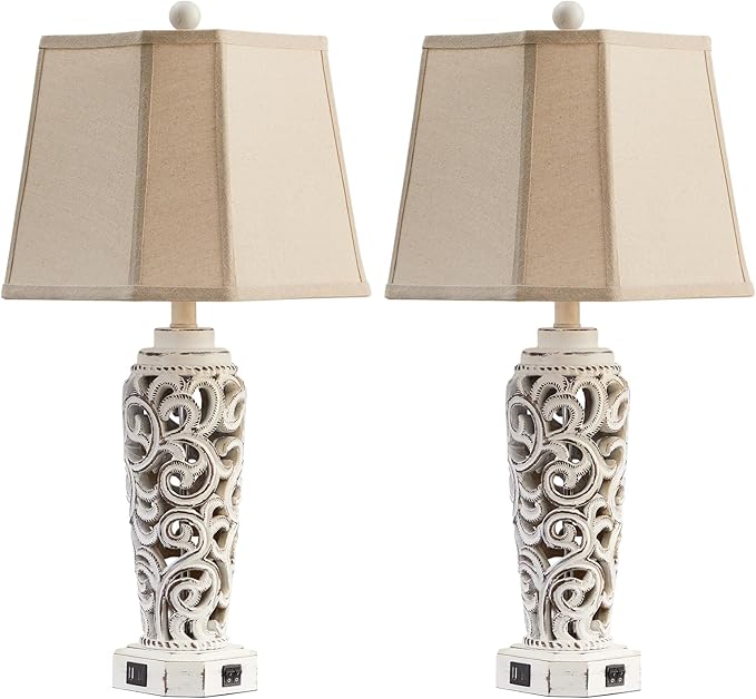 27" Rustic Table Lamps Set of 2 for Living Room with USB A+C Ports, Vintage Nightstand Bedroom Lamp with Hollow Nightlight
