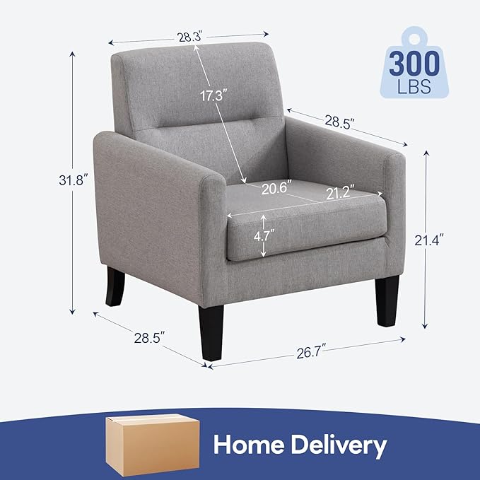 Accent Chair, Mid Century Modern Living Room Chairs Comfy Reading Chair with Upholstered Cushion Relax Armchair for Bedroom Apartment,Office,Light Grey