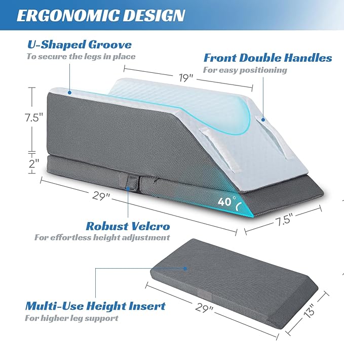 Adjustable Leg Elevation Pillow with Memory Foam, 3-Height Adjustable Leg Pillow for After Surgery, Knee, Ankle Injury, Foot Rest, Improve Circulation and Pain Relief, Removable & Washable Cover