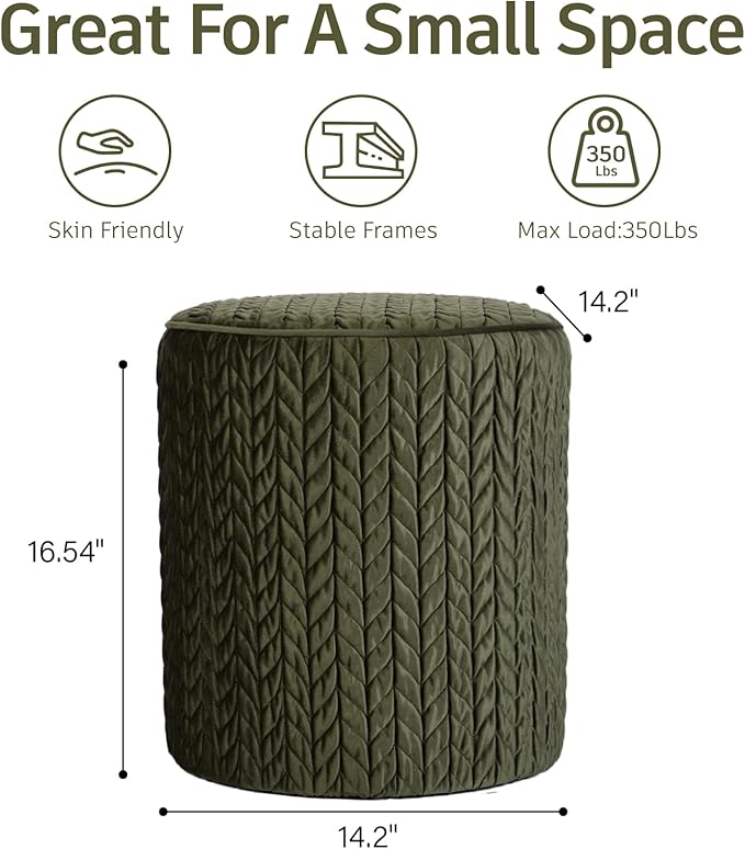 Modern Round Ottoman 2Pcs, Braided-Tufted Foot Stool Ottoman, Velvet Upholstered Vanity Stool for Makeup, Bedroom, Living Room, Dark Green